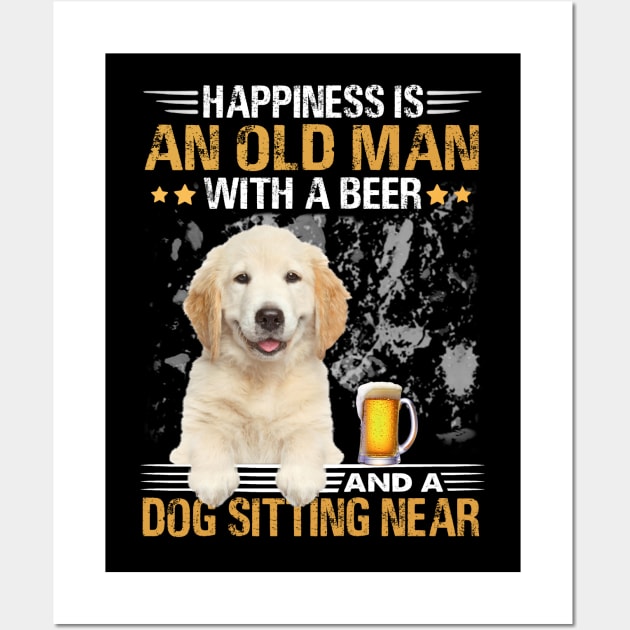 Happiness Is An Old Man With A Beer And A Golden Retriever Sitting Near Wall Art by Magazine